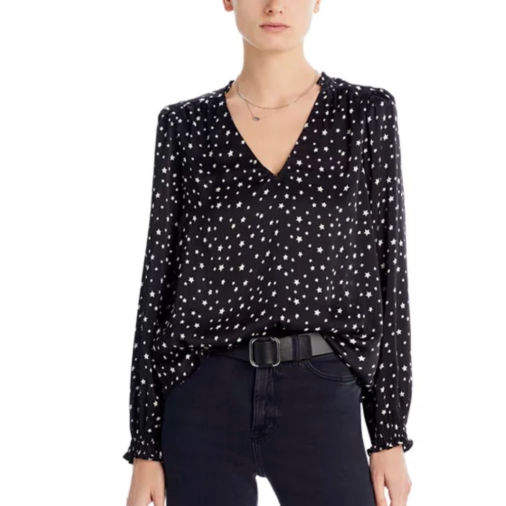 AQUA Womens Star Print V-Neck Ruffle Blouse Black IBH24037-F Small NWT